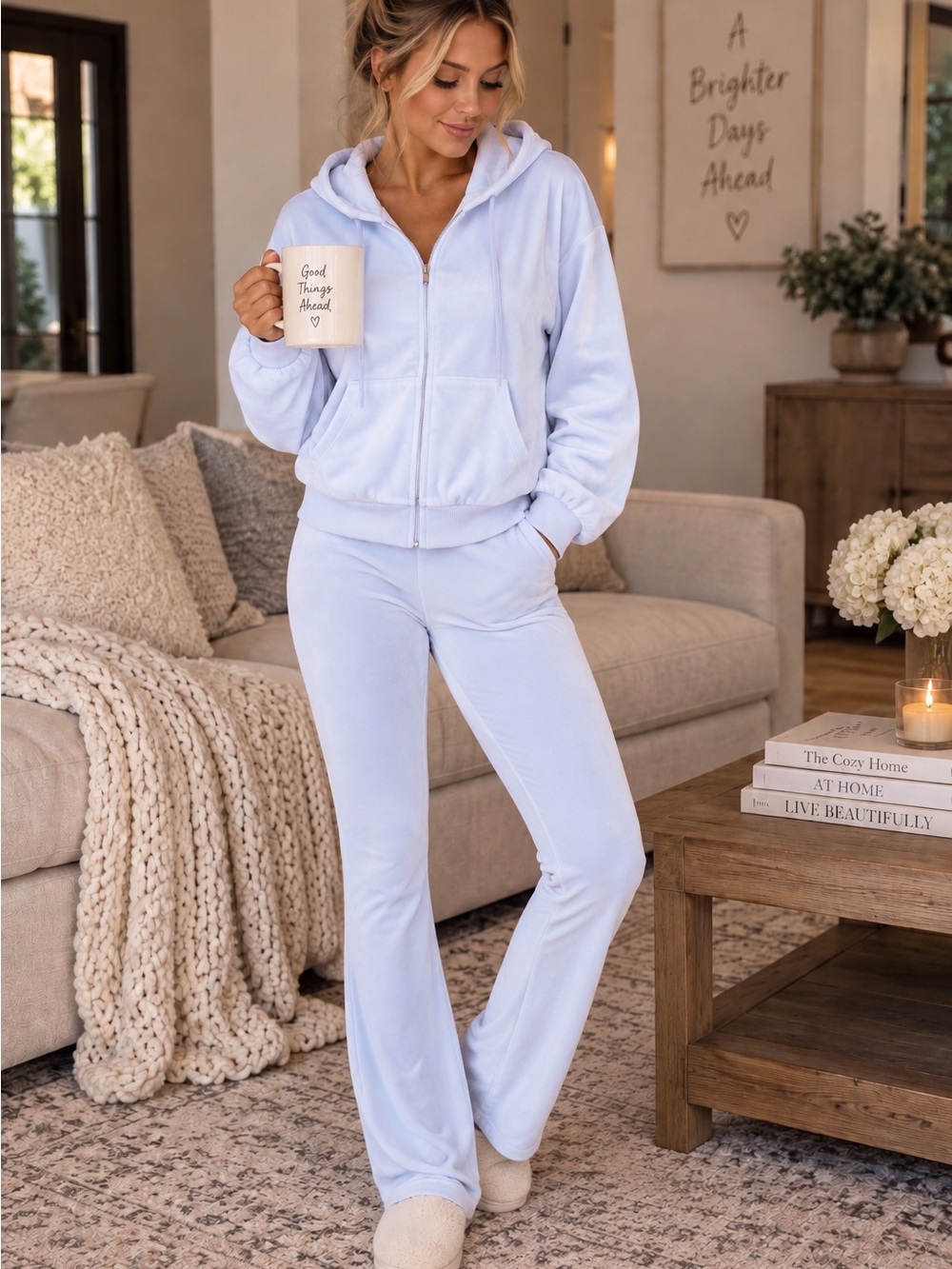 No Boundaries Light Blue Plush Velvet Zip Hoodie & Lounge Pants Set